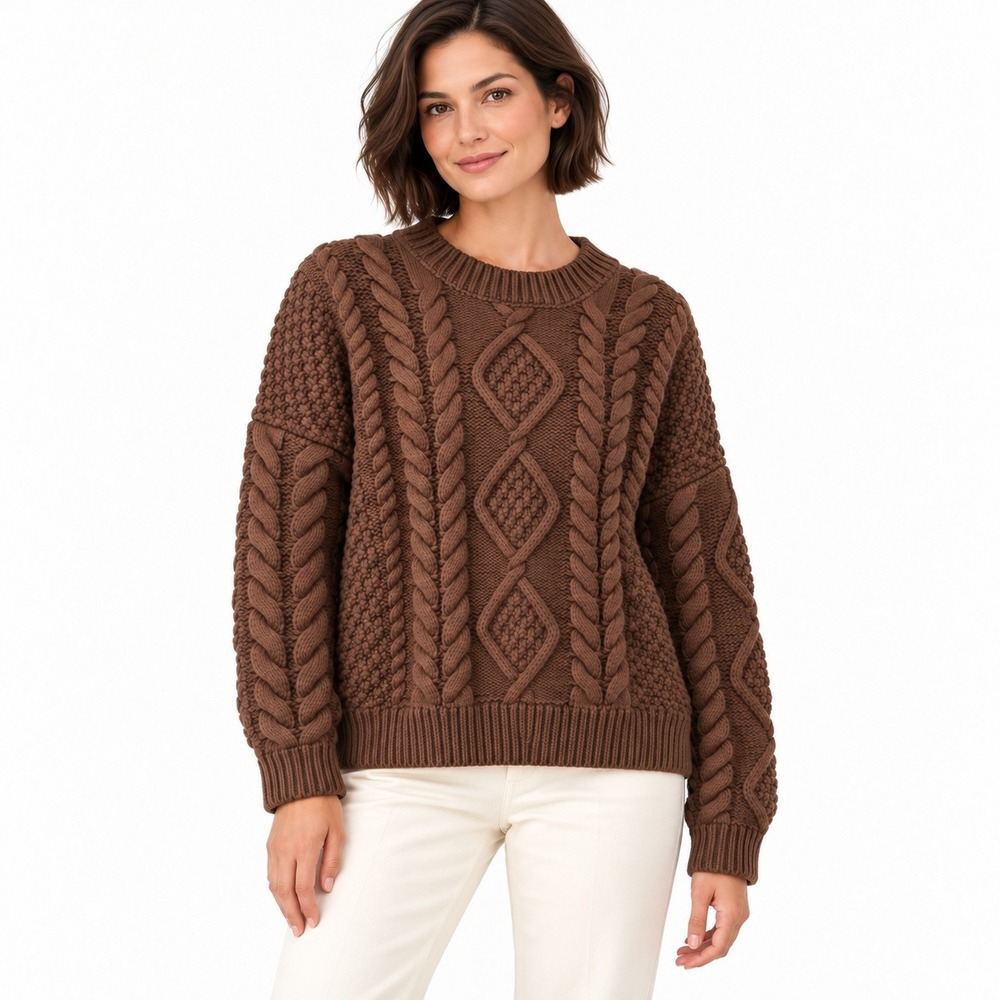 Hyacinth House Cable Knit Sweater Womens M Brown Diamond Crewneck Tuckernuck
